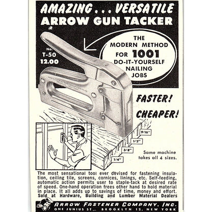 Arrow T-50 Staple Tacker Arrow Fastener Co Inc Brooklyn NY 1955 Ad AF9-M1