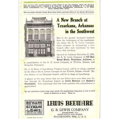 Lewis Beeware Beekeeper's Supplies Texarkana AR Watertown WI 1926 Ad AG3-9