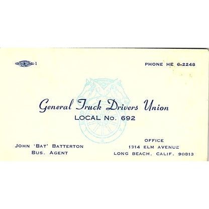 John Bat Batterson General Truck Drivers Union Local 692 Long Beach Card SC9-B13