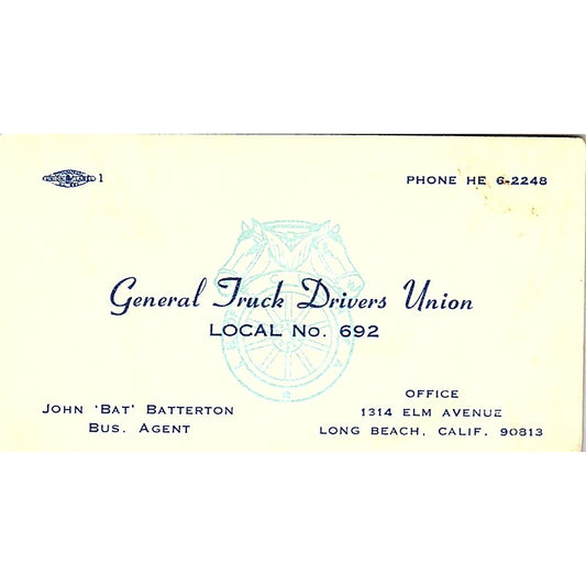 John Bat Batterson General Truck Drivers Union Local 692 Long Beach Card SC9-B13