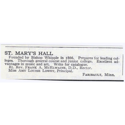 St. Mary's Hall Any Louise Lowey Faribault MN c1918 Advertisement AE5-SA4