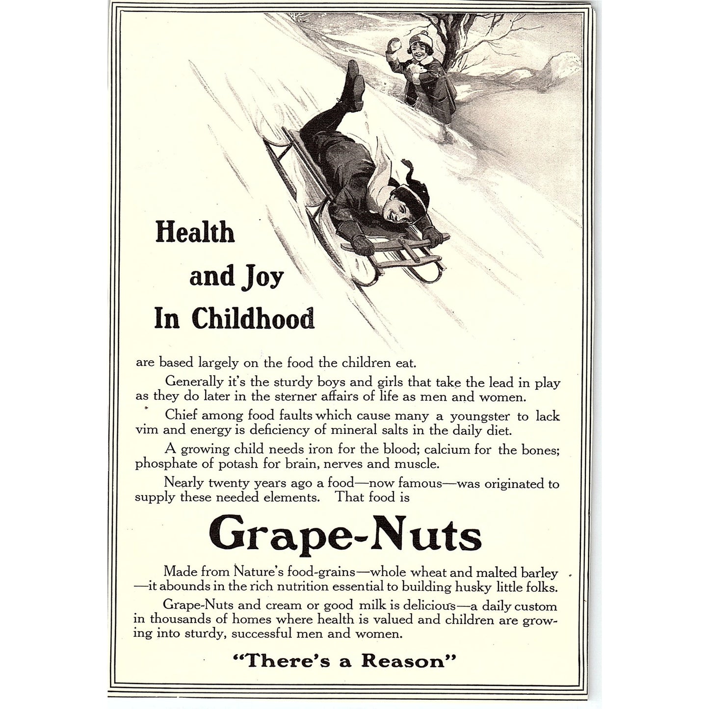Grape-Nuts Health and Joy in Childhood Child on Toboggan Sled c1920 Ad AF8-8