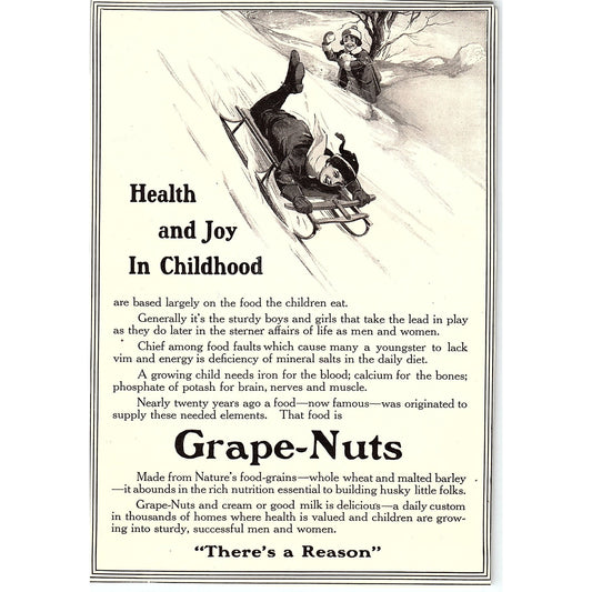 Grape-Nuts Health and Joy in Childhood Child on Toboggan Sled c1920 Ad AF8-8