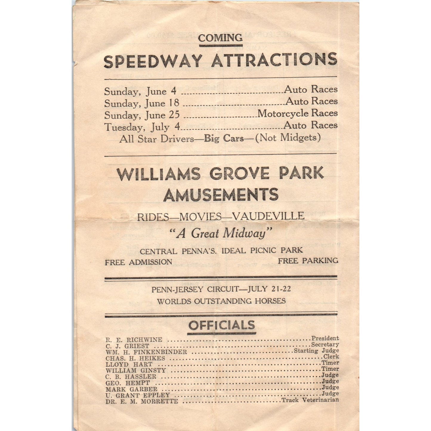 1939 Williams Grove Park and Speedway Horse Races Official Program AB9