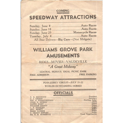 1939 Williams Grove Park and Speedway Horse Races Official Program AB9