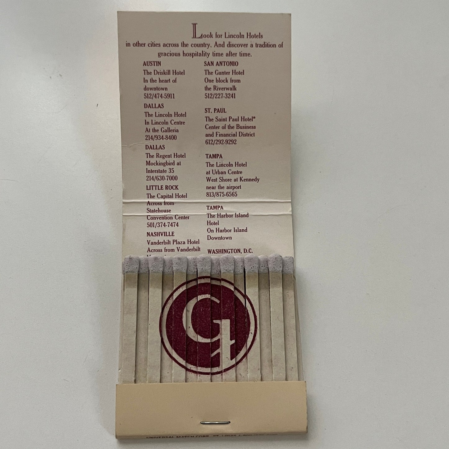 The Gunter Hotel San Antonio TX Feature Matches Vintage Matchbook TB7-XSM