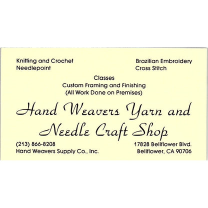 Hand Weavens Yarn and Needle Craft Shop Bellflower CA Business Card SF3-B6