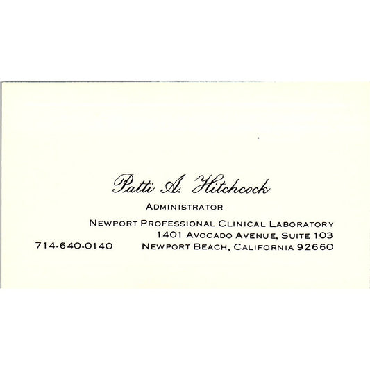 Patti  Hitchcock Clinical Laboratory Newport Beach Vintage Business Card SD9-B10