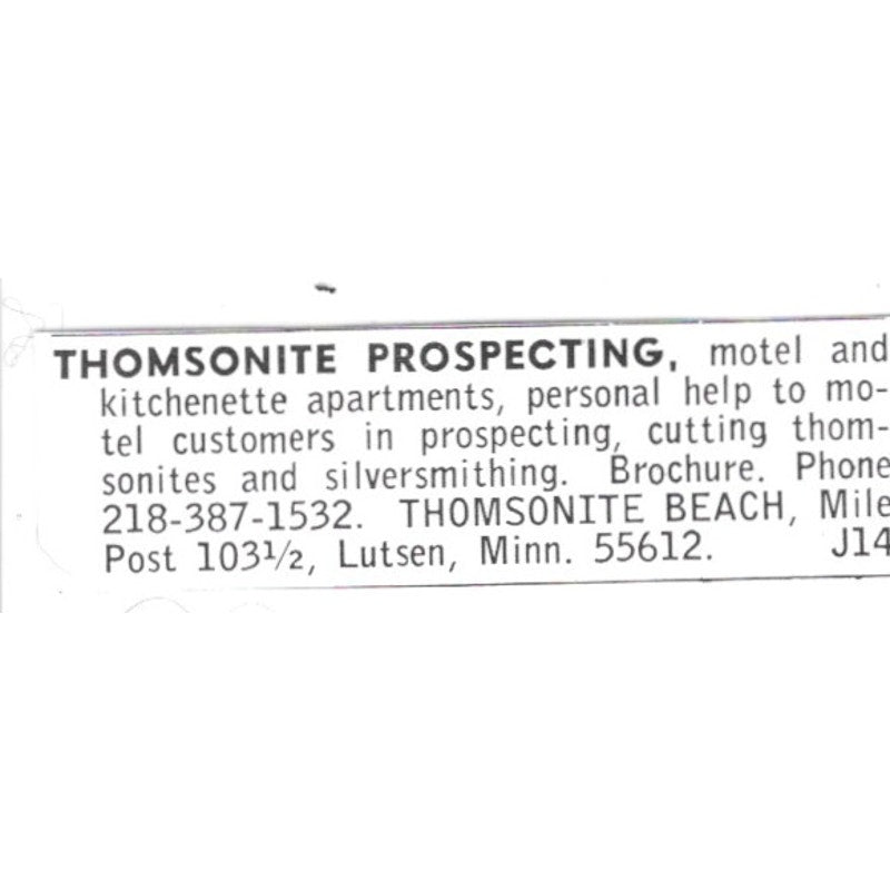 Thomsonite Beach Prospecting Lutsen Minnesota 1972 Ad AF8-S26