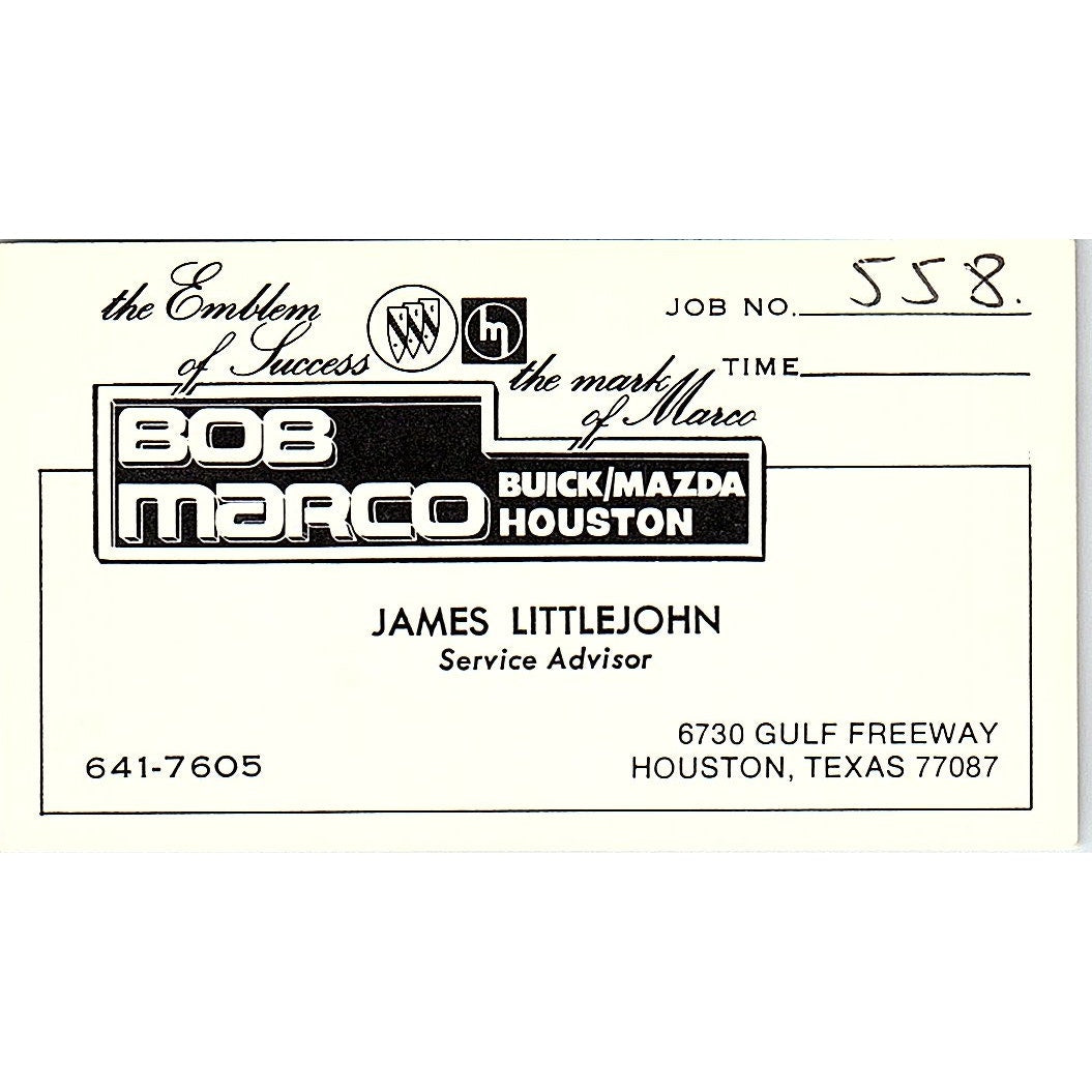 James Littlejohn Bob Marco Buick Mazda Houston Vintage Business Card SD9-B6