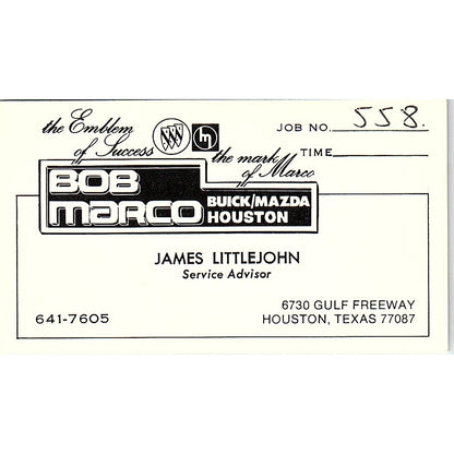 James Littlejohn Bob Marco Buick Mazda Houston Vintage Business Card SD9-B6