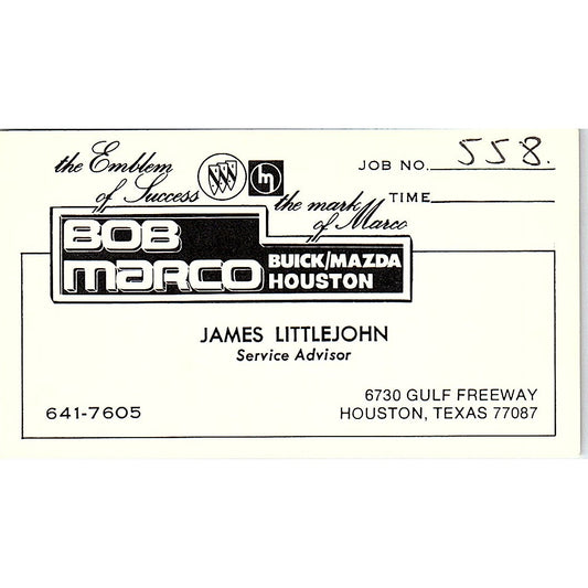 James Littlejohn Bob Marco Buick Mazda Houston Vintage Business Card SD9-B6