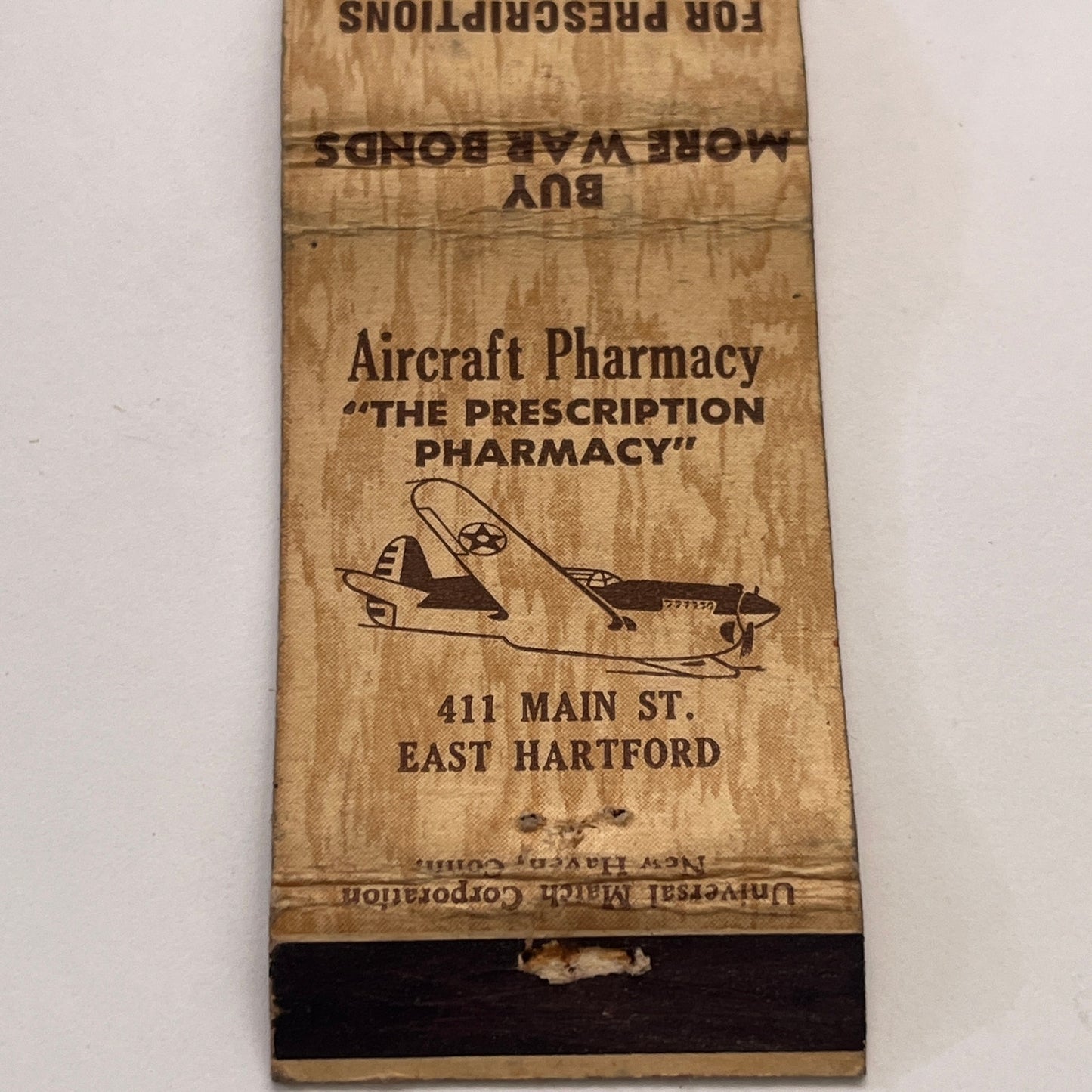 Aircraft Pharmacy 411 Main St East Hartford CT Vintage Matchbook Cover TB8-MB-15