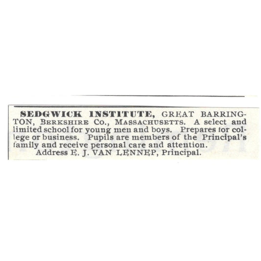 Sedgwick Institute Great Barrington MA E.J. Van Lennep 1892 Ad AG2-S24