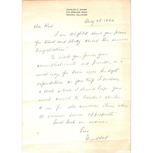 1966 Handwritten Letter Charles E. Grubb Newark Delaware AF7-E3