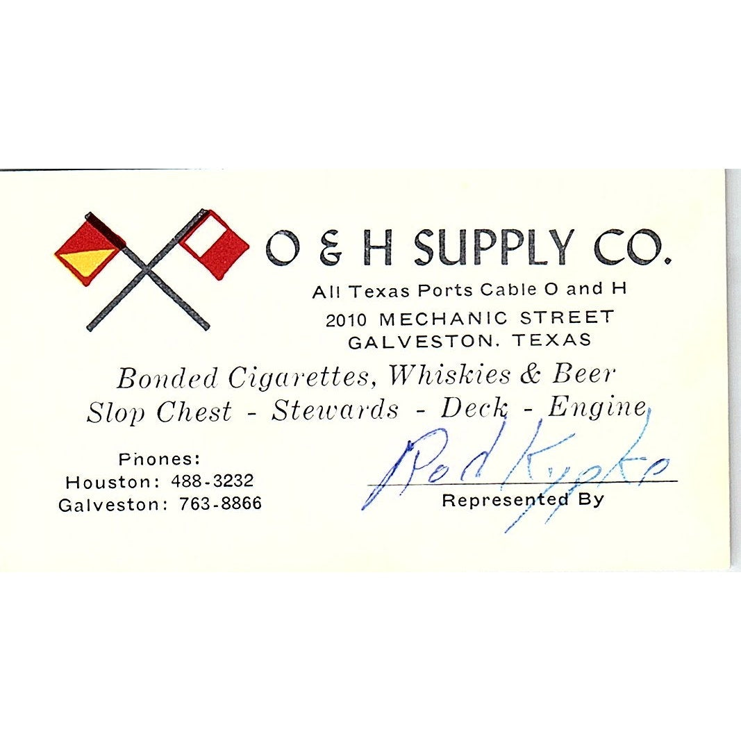 O & H Supply Co Rod Kypke Galveston Texas Vintage Business Card SB4-B11