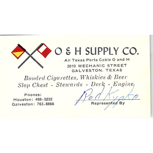 O & H Supply Co Rod Kypke Galveston Texas Vintage Business Card SB4-B11