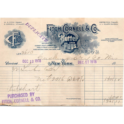 Fitch, Cornell & Co Butter New York W.S. Fitch, E. Cornell 1918 Letterhead K10