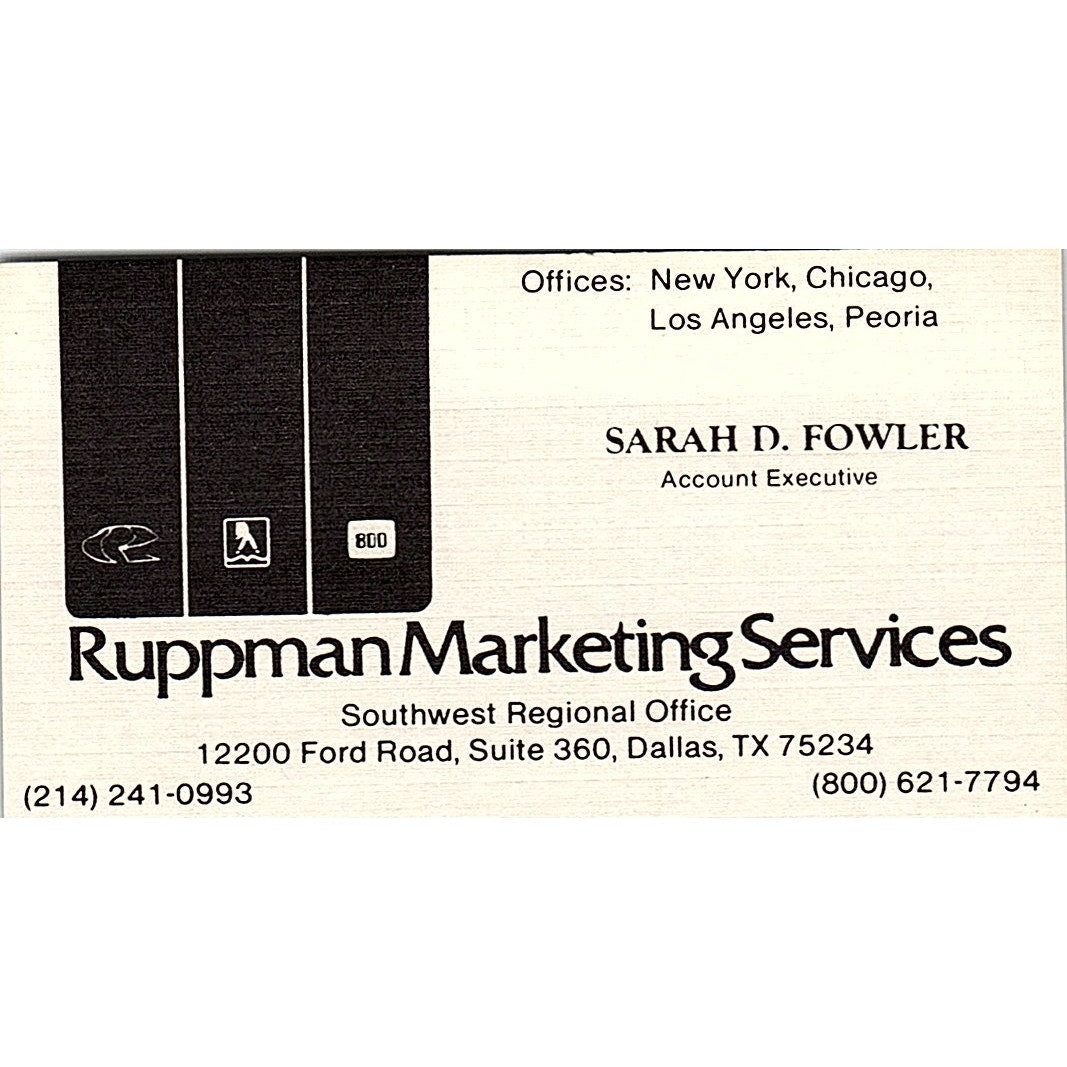 Sarah D Fowler Ruppman Marketing Services Dallas Vintage Business Card SE3-B16