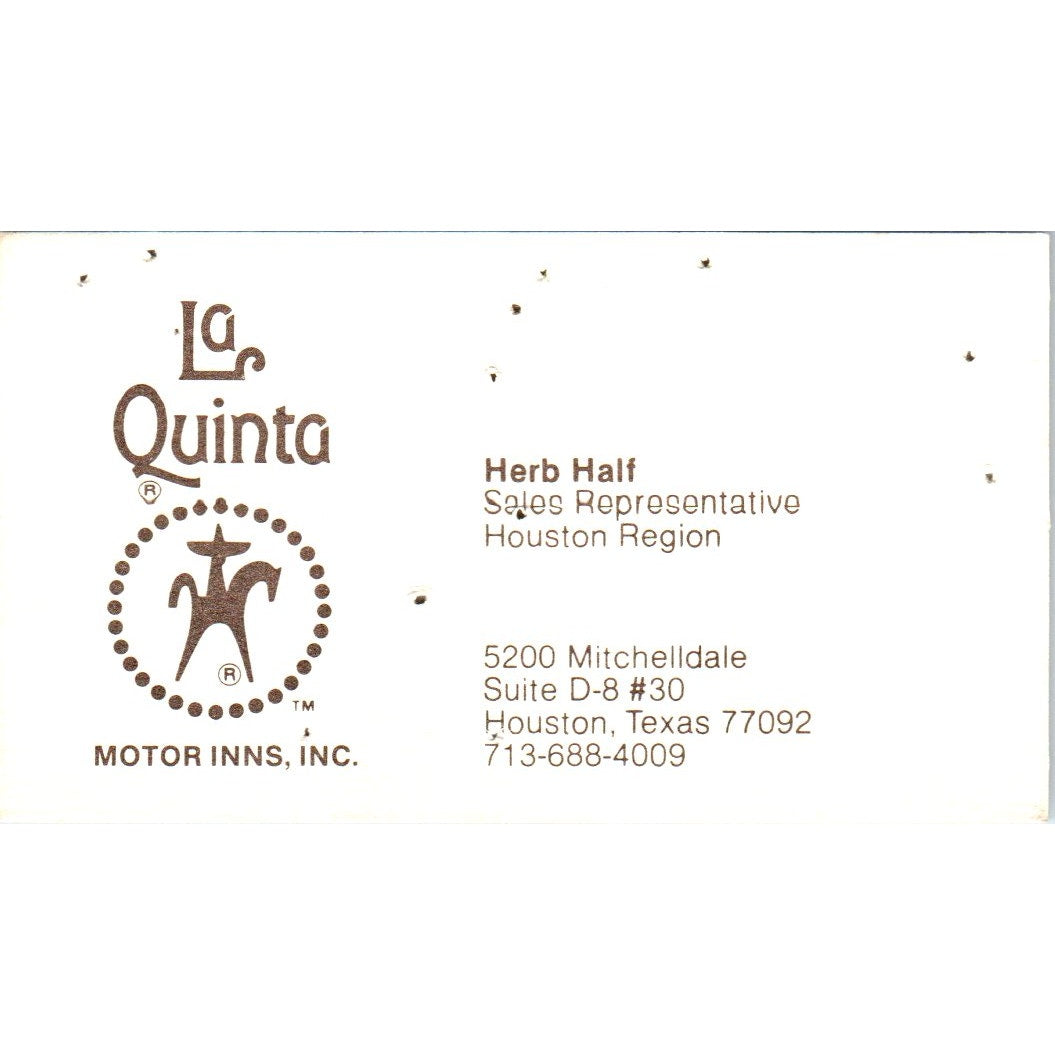 Herb Half Houston TX La Quinta Motor Inns Vintage Business Card SE3-B1