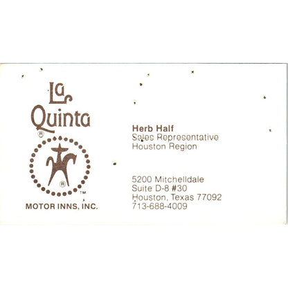Herb Half Houston TX La Quinta Motor Inns Vintage Business Card SE3-B1