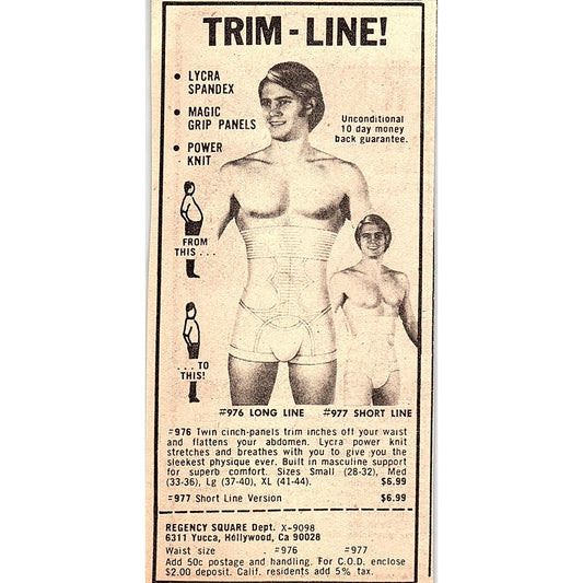 Regency Square Trim-Line Lycra Spandex Underwear Hollywood CA 1974 Ad AG1-M8