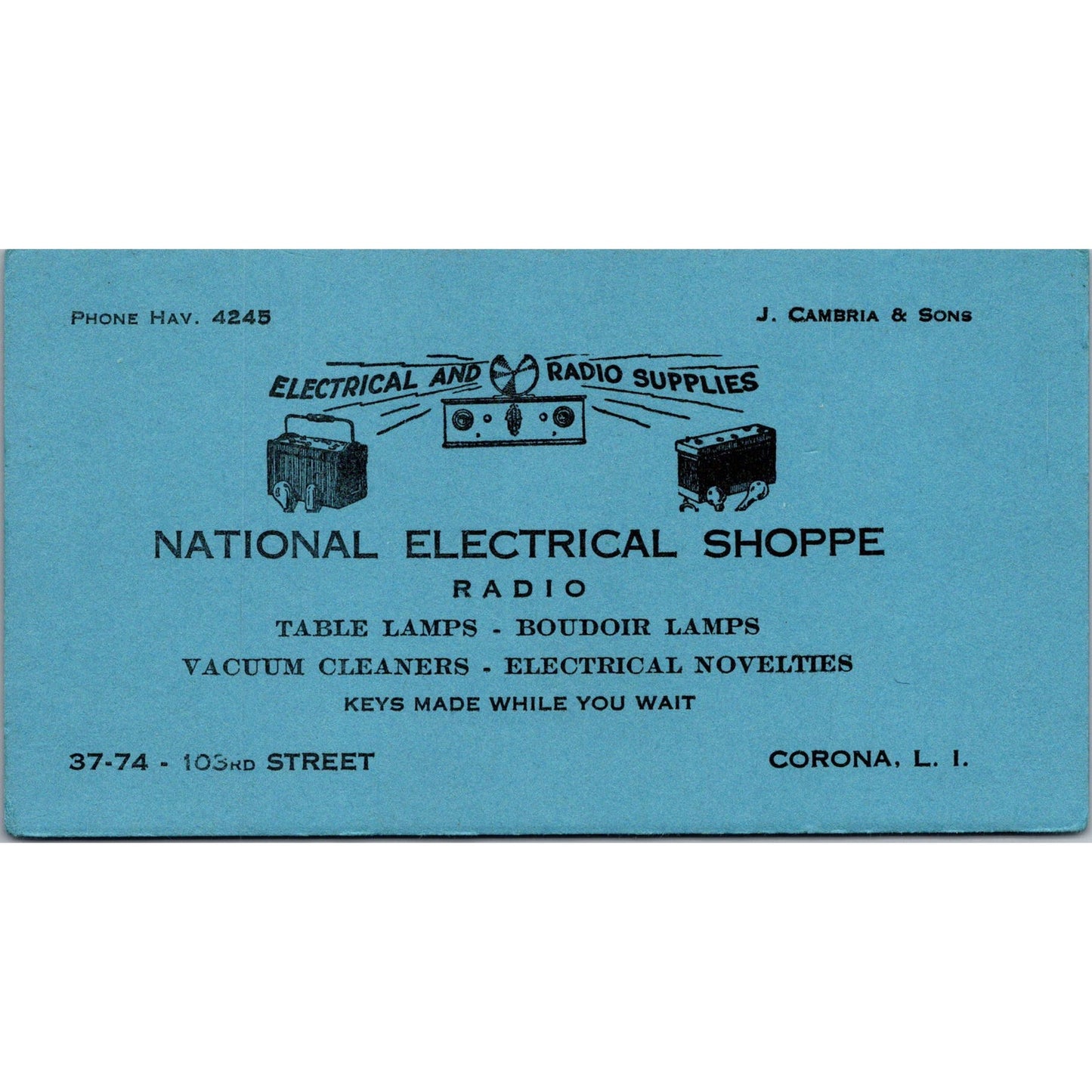 J. Cambria & Sons National Electric Shop Long Island Antique Blotter Card AJ9-1