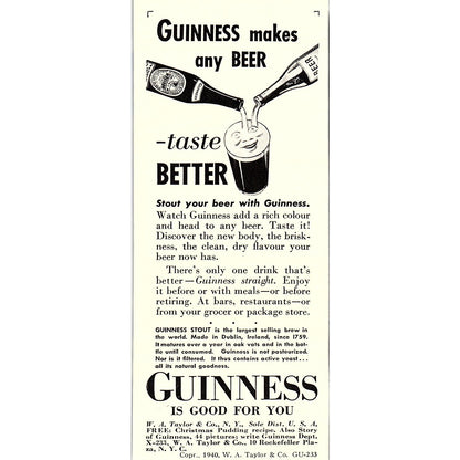 Guinness Makes Any Beer Taste Better 1940 Ad AF8-H1