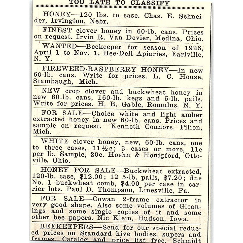 Honey Pails Wilkes-Barre Can Co Pennsylvania 1926 Ad AG3-M8