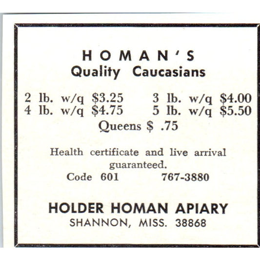 Homan's Quality Caucasian Bees Holder Homan Apiary Shannon MS 1964 Ad AK5-S36