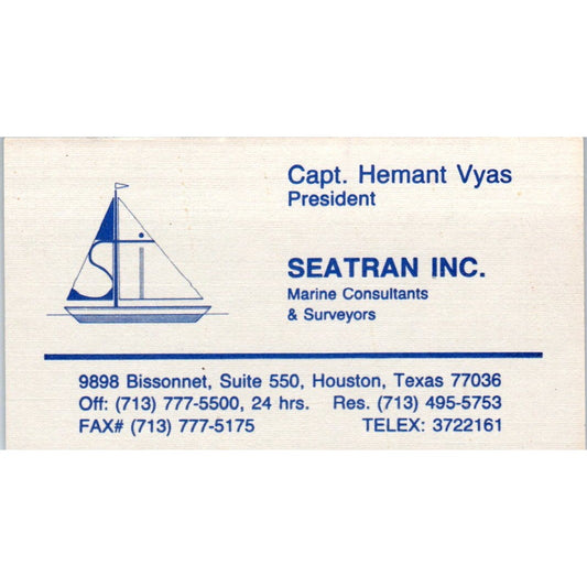 Seatran Inc Capt. Hemant Vyas Houston Vintage Business Card SD8-B19