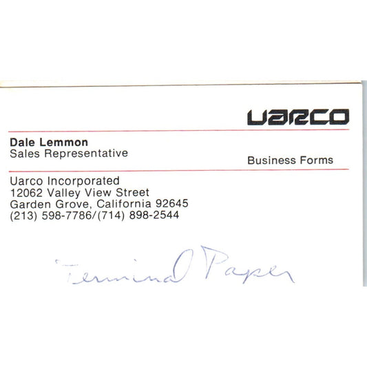 Uarco Inc. Dale Lemmon Garden Grove CA Vintage Business Card SD4-B3