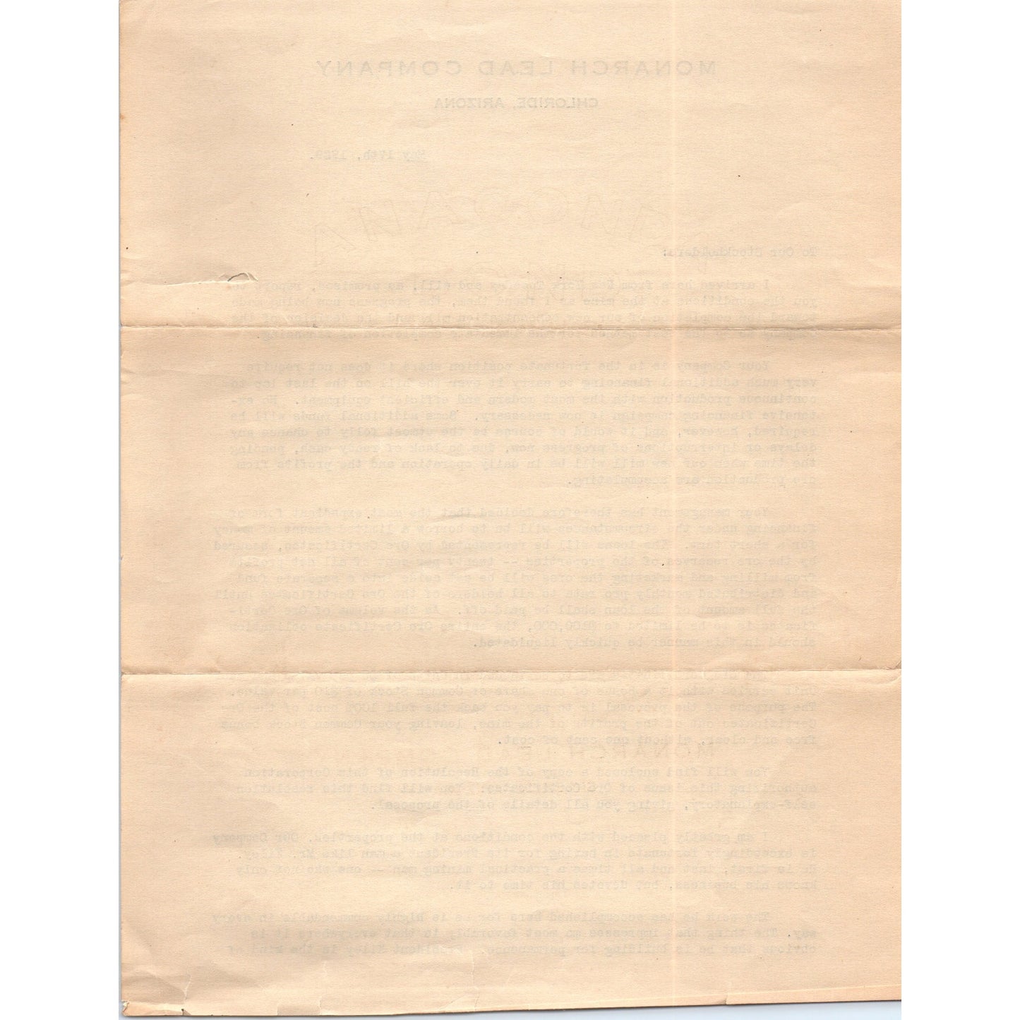 1929 Monarch Lead Company Chloride Arizona Letter to Stockholders D23