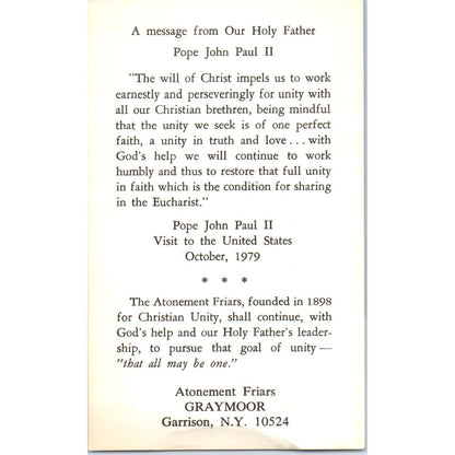 1979 Pope John Paul II Visit to US Vintage Catholic Prayer Card TH2-PC1