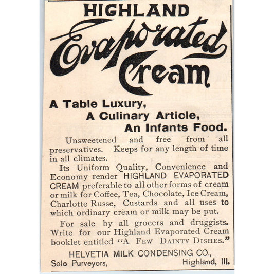 Highland Evaporated Cream Helvetia Milk Condensing Co IL 1892 Magazine Ad AB6-3