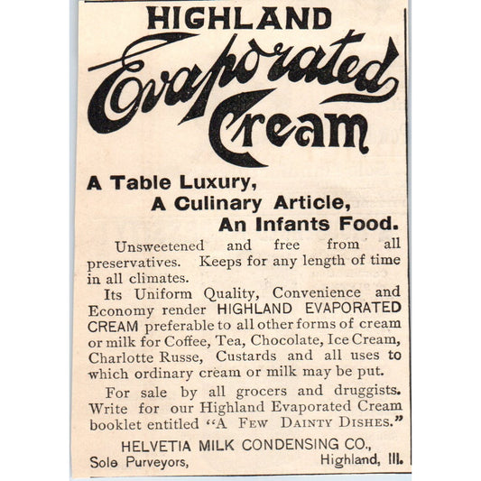 Highland Evaporated Cream Helvetia Milk Condensing Co IL 1892 Magazine Ad AK6-M1