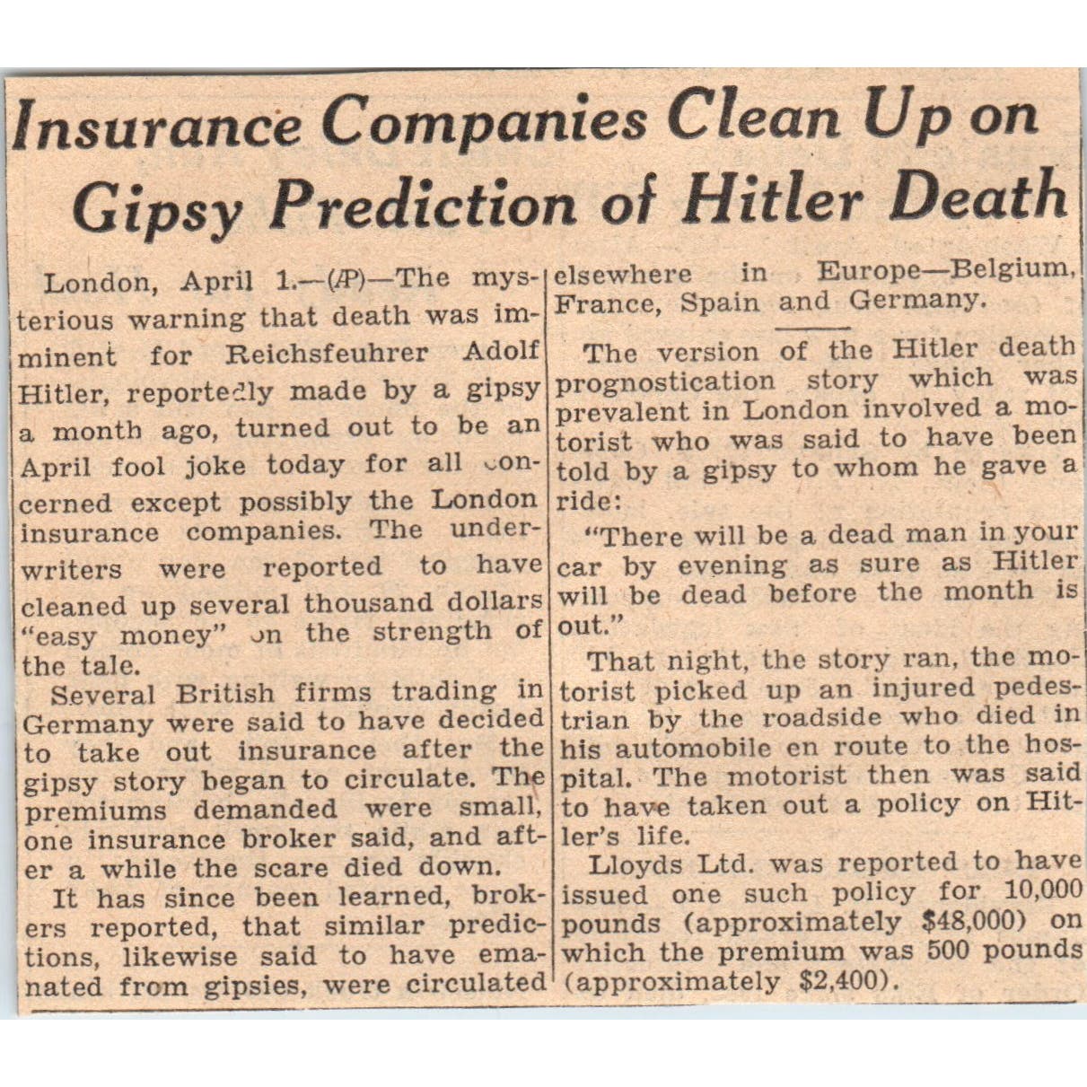 German Chancellor Death Insurance Scheme 1935 Minneapolis Journal Article AE7-N3