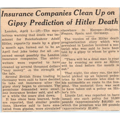 German Chancellor Death Insurance Scheme 1935 Minneapolis Journal Article AE7-N3