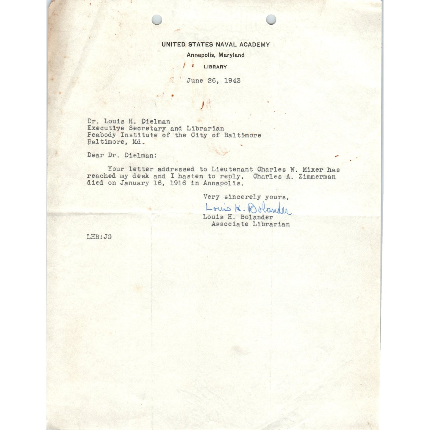 1943 WWII Era Letterhead Memo United States Naval Academy Annapolis D18