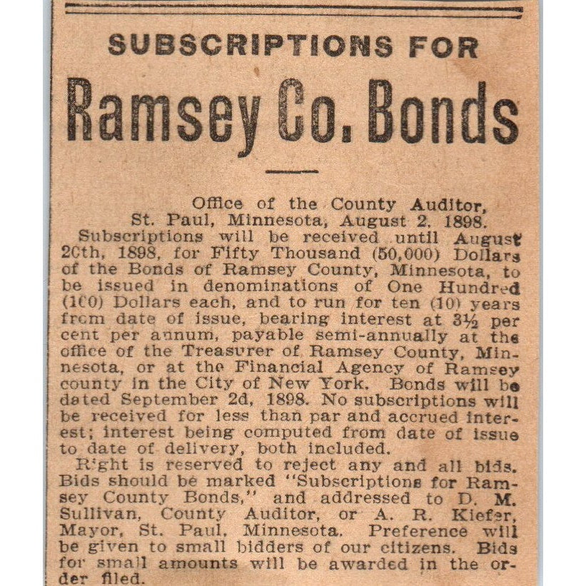 Subscriptions for Ramsey County Bonds St. Paul 1898 Newspaper Ad AF2-Q2