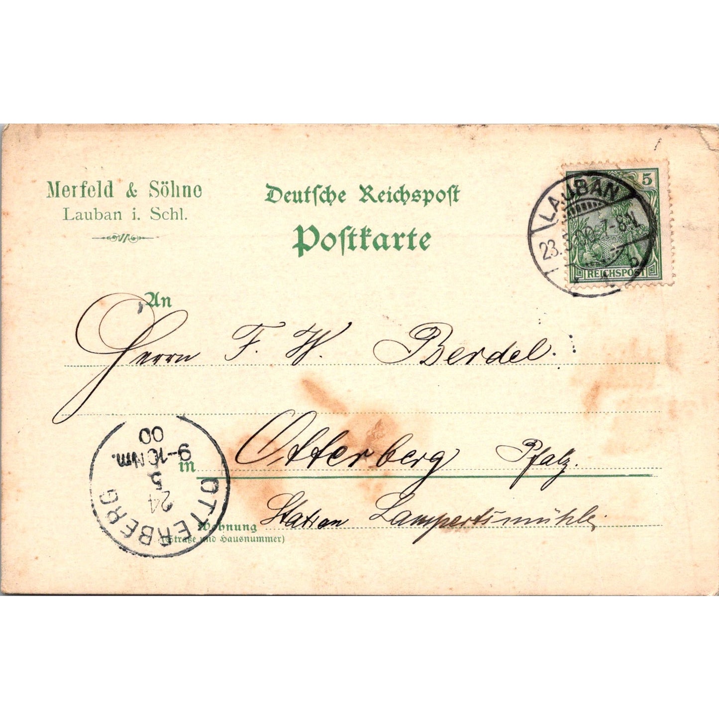Merfeld & Söhne Lauban i. Schl. Otterberg 1900 German Reich Postcard P5-12