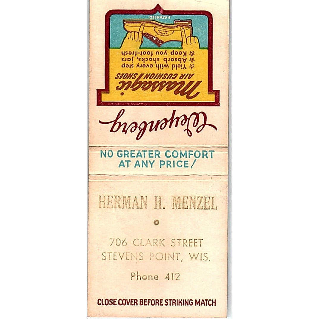 Herman H Menzel Stevens Point WI Weyenberg Massagic Shoes Matchbook Cover SF3-Y2