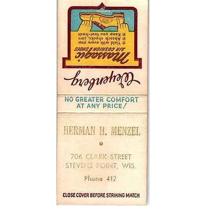 Herman H Menzel Stevens Point WI Weyenberg Massagic Shoes Matchbook Cover SF3-Y2