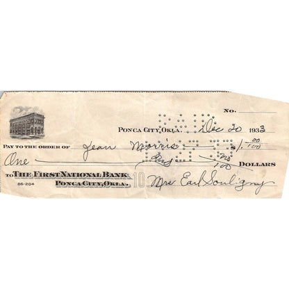 1933 Ponca City Oklahoma First National Bank Check AK7-7