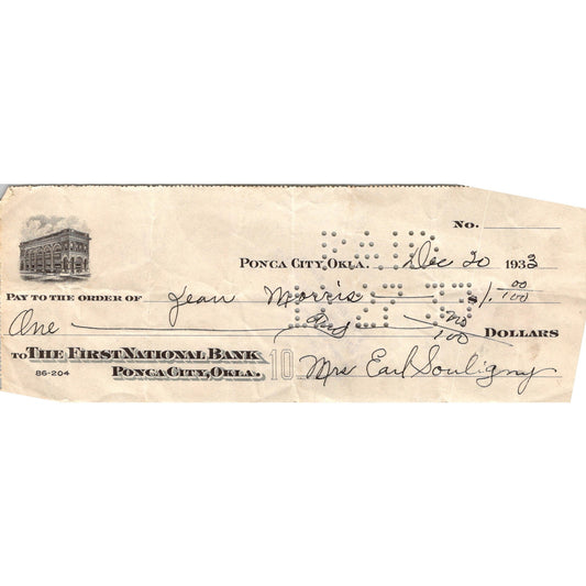 1933 Ponca City Oklahoma First National Bank Check AK7-7