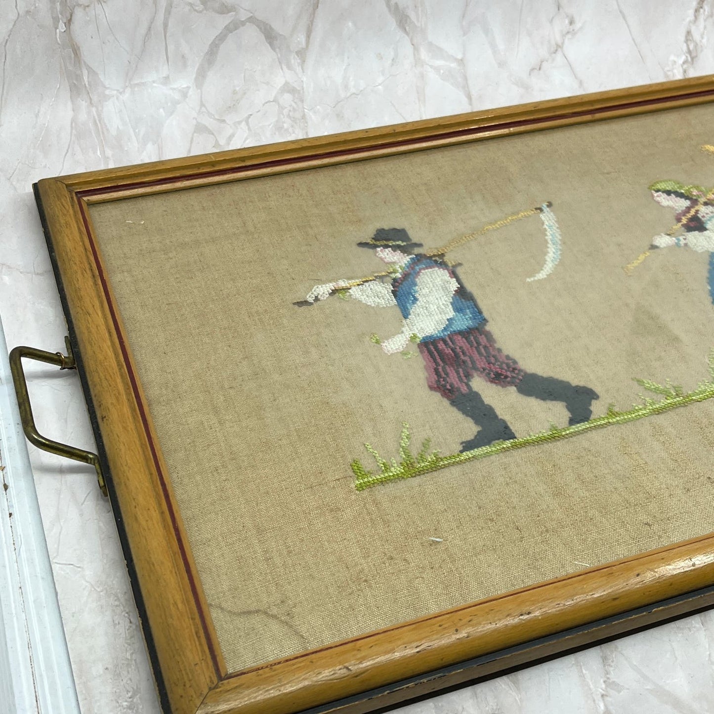 Vintage Framed Needlepoint Embroidery Wall Art Husband & Wife Farmers 13x20”