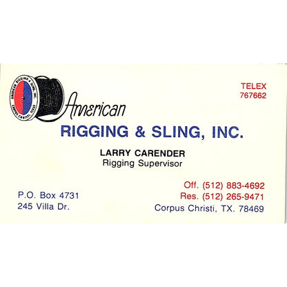 Larry Carender American Rigging & Sling Inc Corpus Christi Business Card SC9-B4