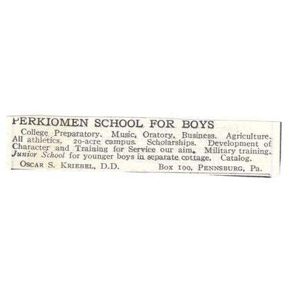 Perkiomen Boys School Oscar S. Kriebel Pennsburg PA c1918 Advertisement AE5-SA9