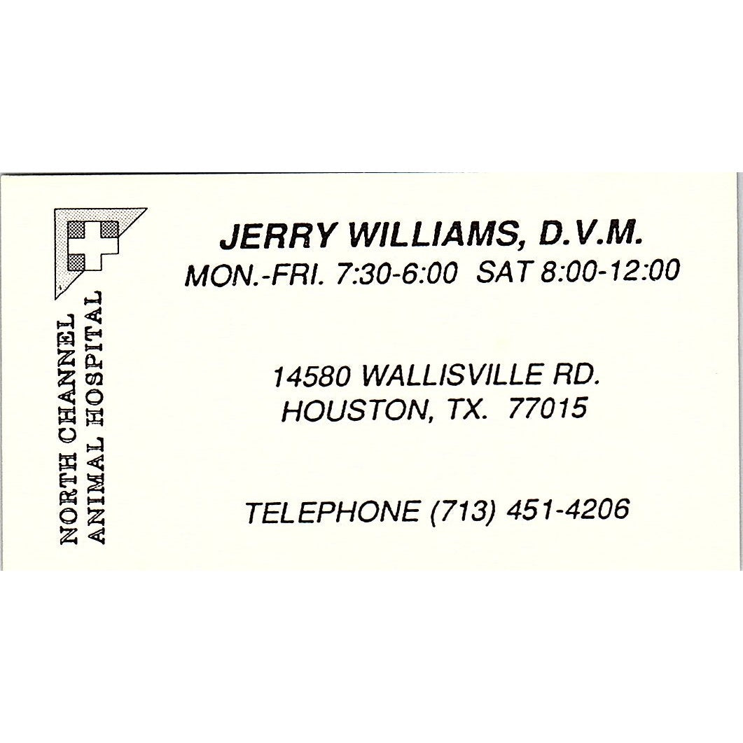 Jerry Williams DVM North Channel Animal Hospital Houston Business Card SC9-B5