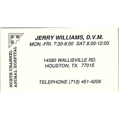 Jerry Williams DVM North Channel Animal Hospital Houston Business Card SC9-B5